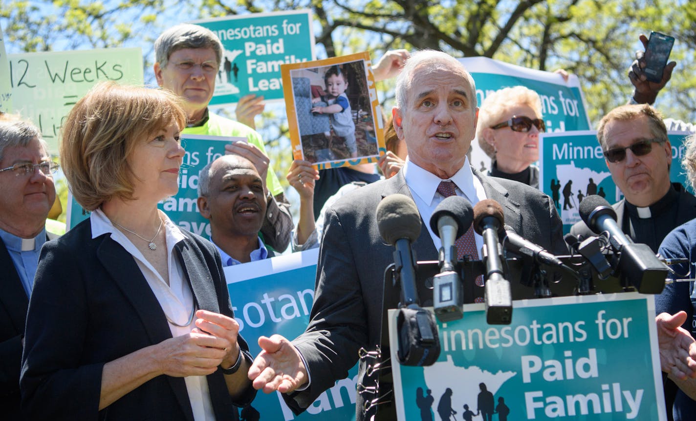 Governor Dayton and Lt. governor Tina Smith spoke at a Paid Family and Medical Leave insurance program rally. ] GLEN STUBBE * gstubbe@startribune.com Tuesday, May 17, 2016 The Legislature is rapidly approaching its end date with no sign of a global deal. Meanwhile, the AFL-CIO is renewing its call for paid family leave. Will wrap in all the daily news from the Legislature. With less than a week to go in the legislative session, Minnesotans from all walks of life will rally outside the State Offi