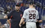 Cleveland manager Terry Francona stands on the mound with Corey Kluber in May, before Kluber went down with a lengthy injury.