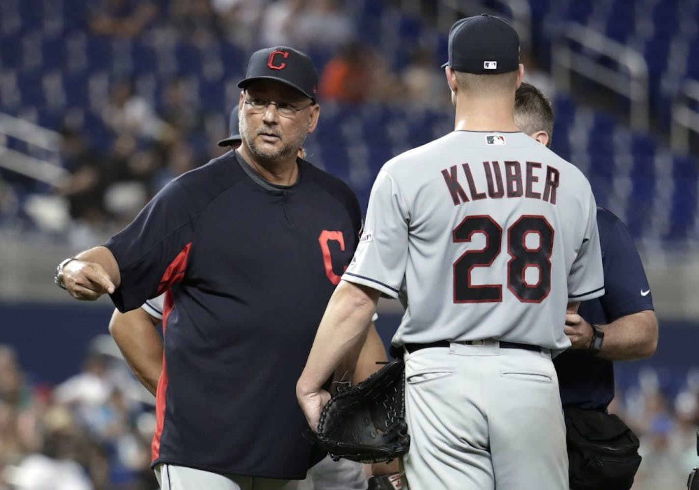 Cleveland manager Terry Francona stands on the mound with Corey Kluber in May, before Kluber went down with a lengthy injury.