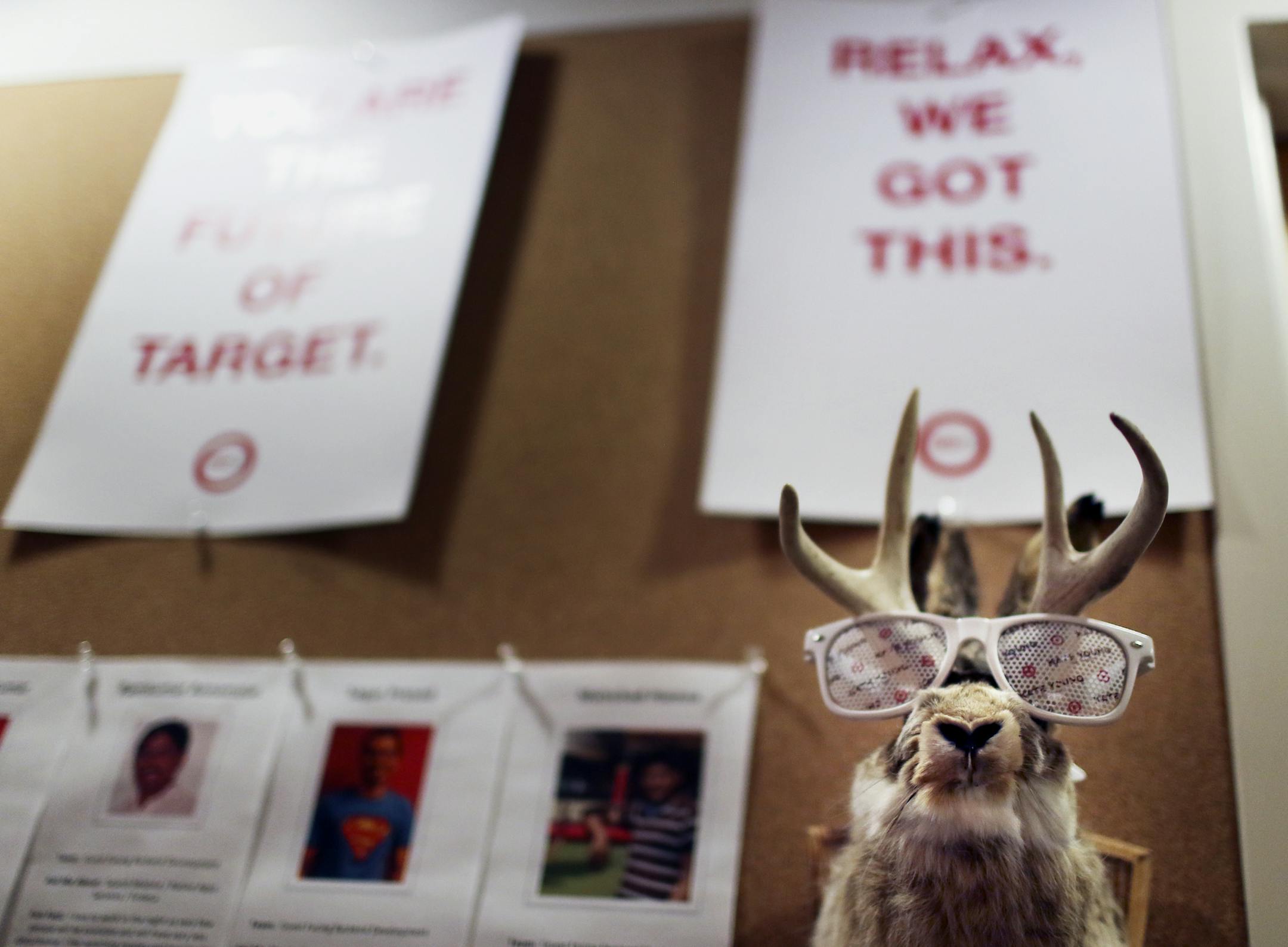 A sunglass-bespeckled Jackalope hangs on a board near the entrance to Target's new tech research and development facility Thursday, July 18, 2013, in Minneapolis, MN.](DAVID JOLES/STARTRIBUNE) djoles@startribune.com Thursday, July 18, 2013, in Minneapolis, MN.Target may have opened a tech office in San Francisco but it will need to do a lot more to create a culture of innovation throughout the entire company. To this end, Target has created a special office at Minneapolis headquarters to speed t