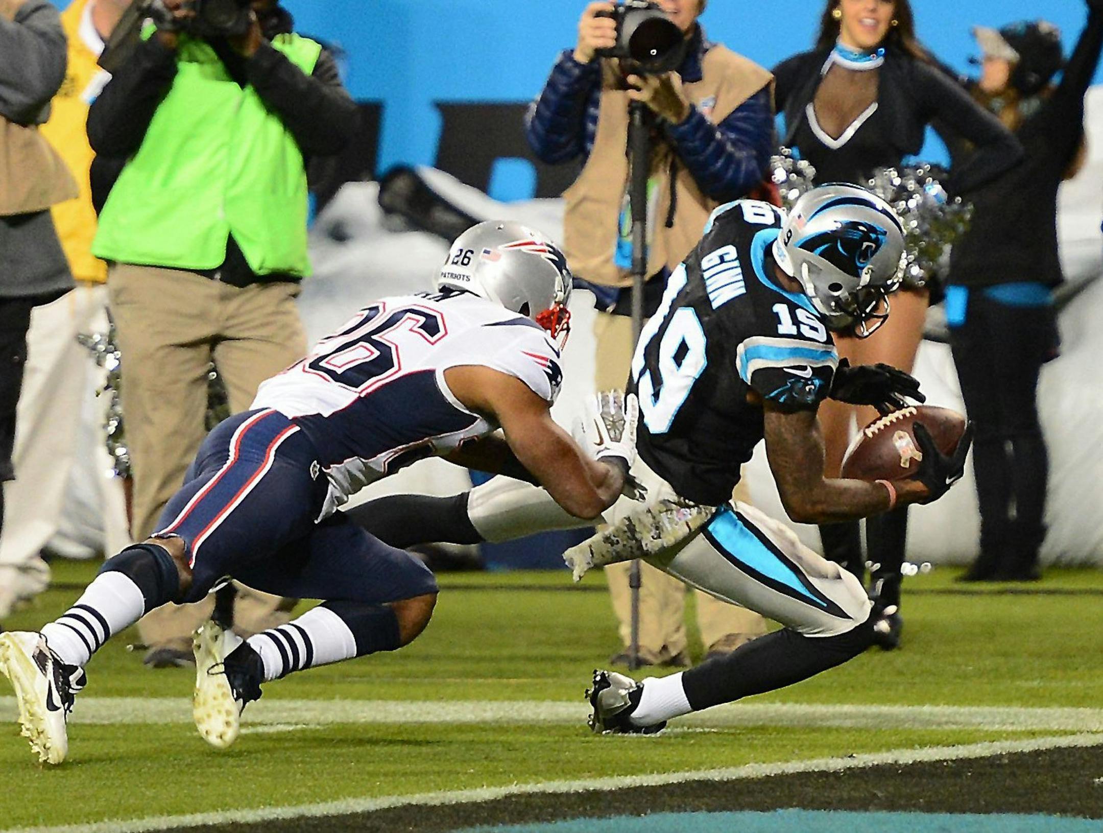Ted Ginn Jr. of the Carolina Panthers (19) scores a touchdown during fourth-quarter action against the New England Patriots at Bank of America Stadium in Charlotte, N.C., on Monday, Nov. 18, 2013. (Jeff Siner/Charlotte Observer/MCT)