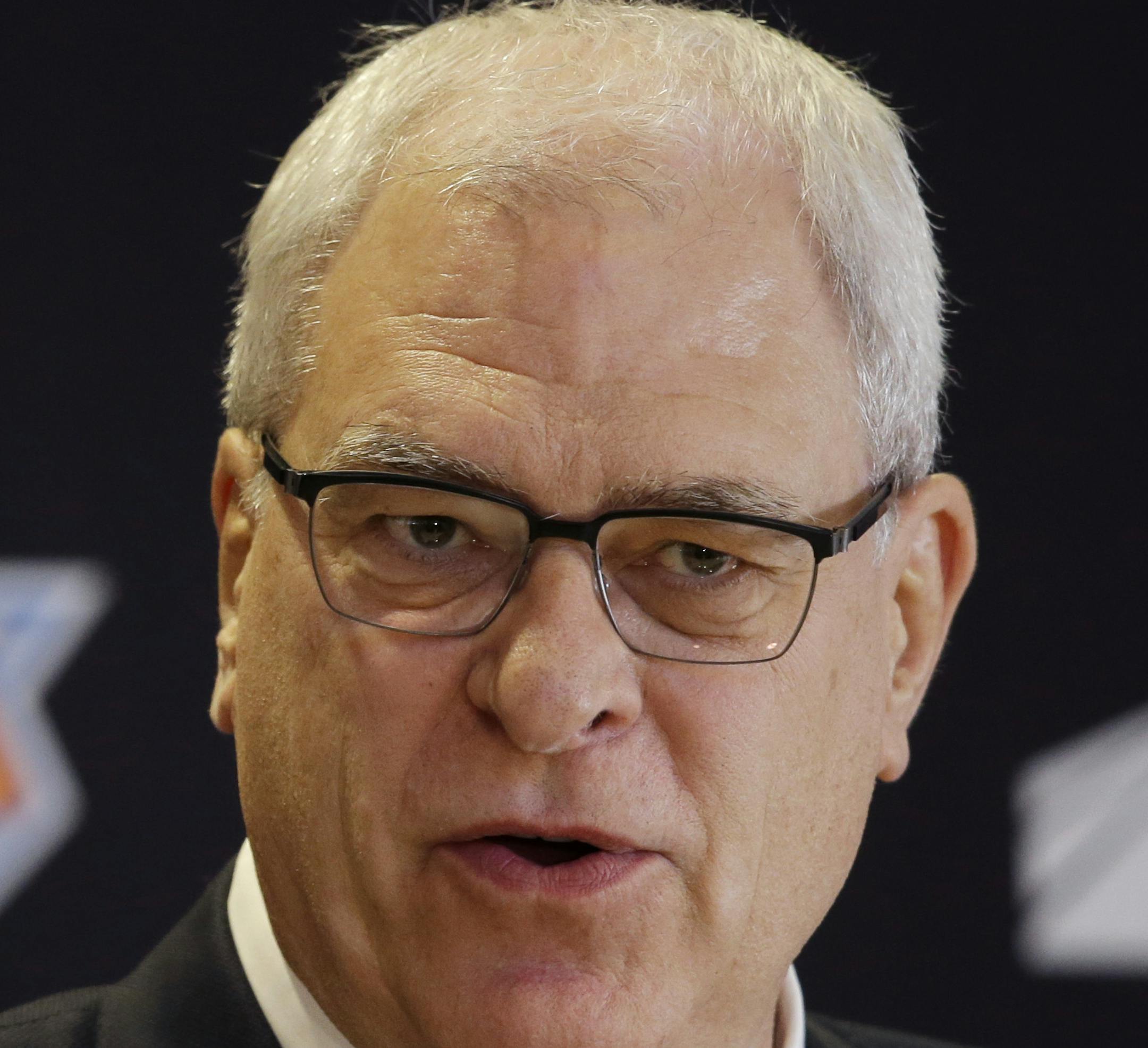 Phil Jackson is introduced as the new president of the New York Knicks, Tuesday, March 18, 2014 in New York. Jackson, who won two NBA titles as a player for the New York Knicks, also won 11 championships while coaching the Chicago Bulls and the Los Angeles Lakers. (AP Photo/Mark Lennihan)