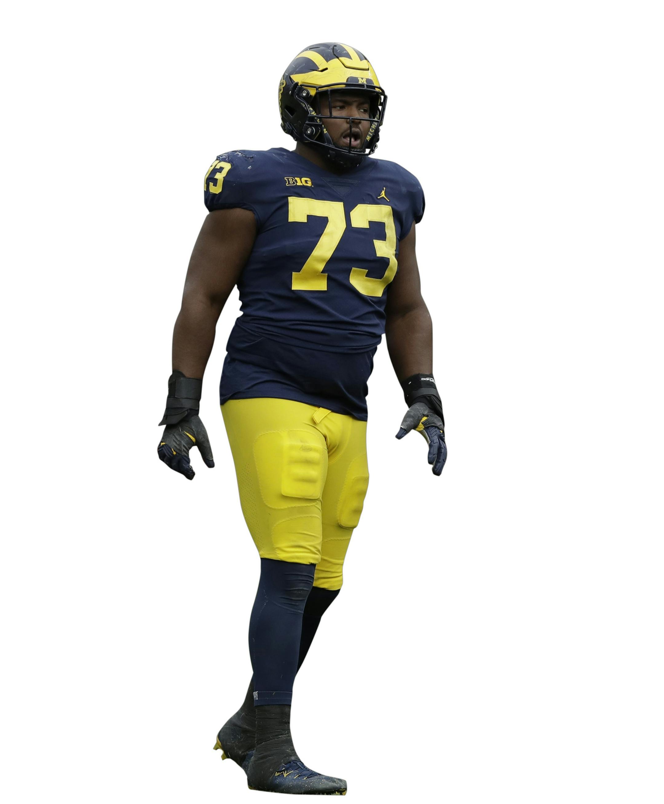 Michigan defensive lineman Maurice Hurst (73) stands at the scrimmage line during the second half of an NCAA college football game against Rutgers, Saturday, Oct. 28,2017, in Ann Arbor, Mich. (AP Photo/Carlos Osorio) ORG XMIT: otkco1