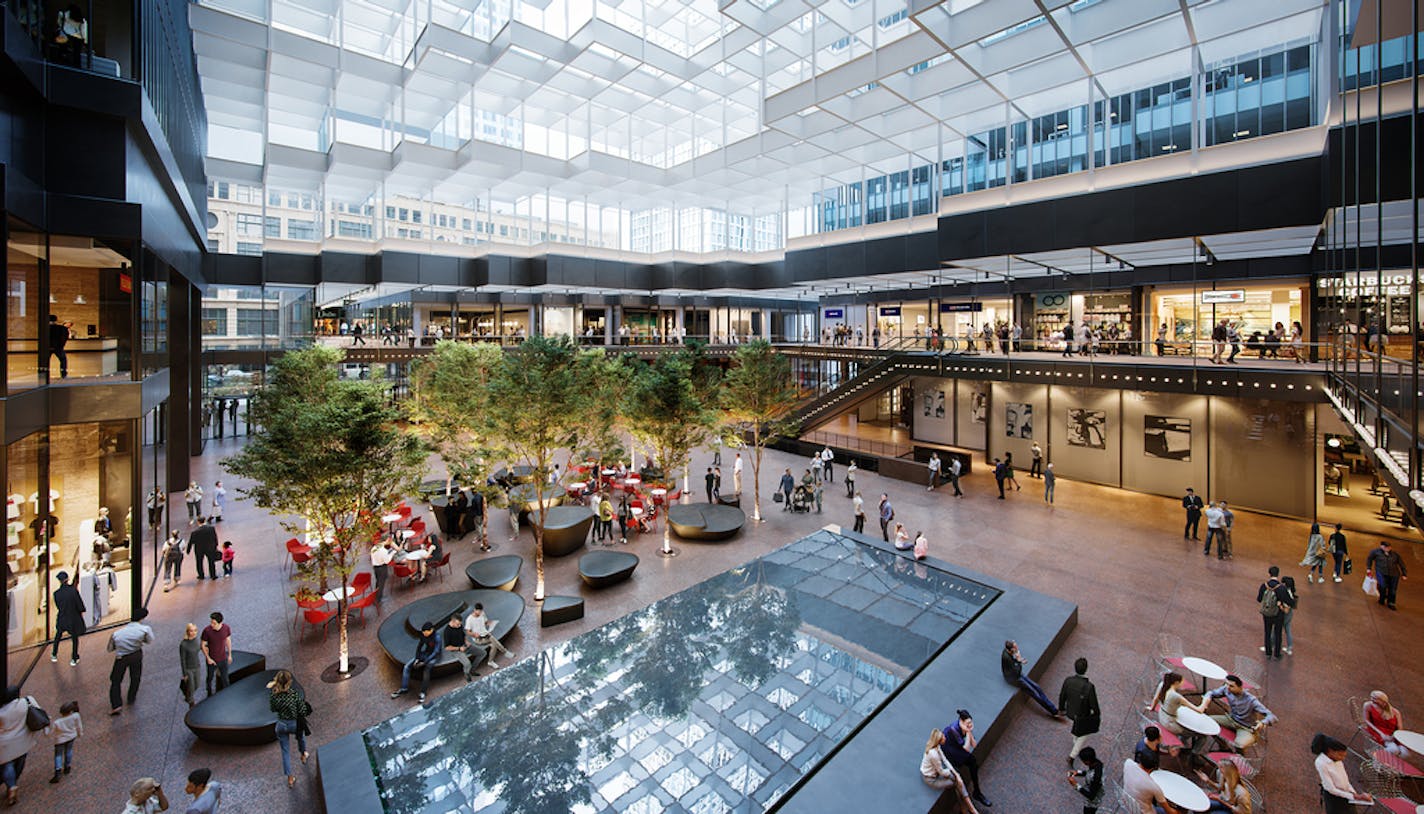 A revamped Crystal Court in the IDS Center will feature new seating and canopies of trees expected to grow 24 feet tall. It is the frist remake for the space in 22 years.