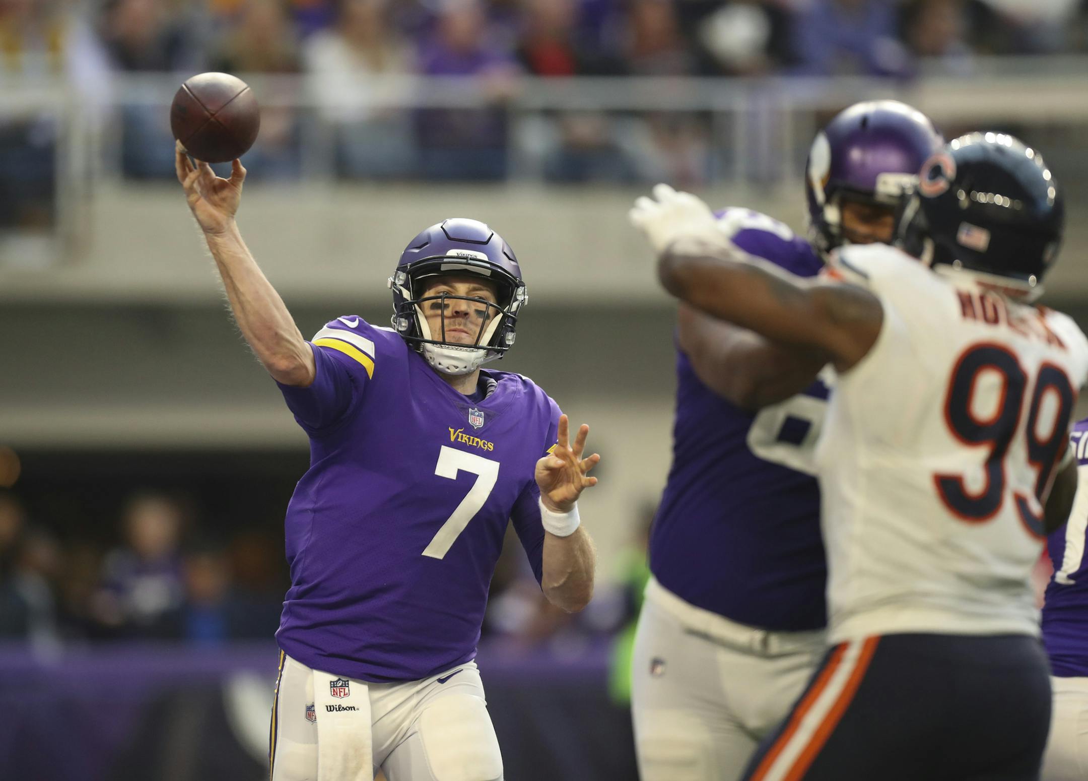 Minnesota Vikings quarterback Case Keenum threw a fourth quarter pass. ] JEFF WHEELER ï jeff.wheeler@startribune.com The Minnesota Vikings defeated the Chicago Bears 23-10 Sunday afternoon, December 31, 2017 at U.S. Bank Stadium in Minneapolis. The win earned the team a first round bye in the playoffs.