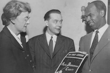 William O’Shields, right, was guest speaker for a discrimination forum in 1947 at the University of Minnesota. With him were Helen Parker Mudgett, a