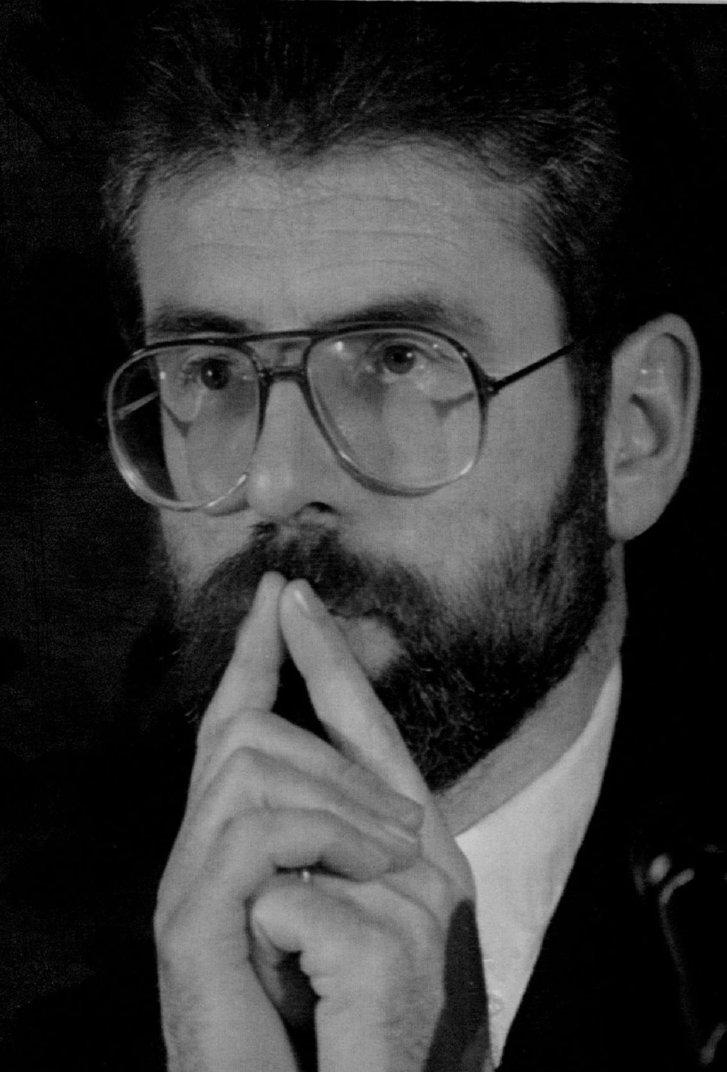 February 1, 1994 Gerry Adams, leader of the Irish Republican Army's political wing, addresses the Special Conference on Northern Ireland convened by the National Committee on American Foreign Policy in New York, Tuesday, Feb. 1, 1994. Adams is in the United States on a special 48-hour visa to attend the conference, where he urged the Clinton administration to help the peace effort in Northern Ireland. Mark Lennihan, AP Photo ORG XMIT: MIN2017012512515933