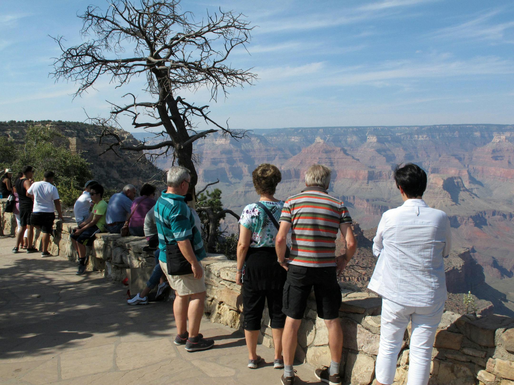 In this Wednesday, Aug. 19, 2015 photo, visitors line the South Rim of Grand Canyon National Park in northern Arizona. The Grand Canyon and other big national parks are seeing more visitors than usual this year, partly driven by good weather, cheap gas and marketing campaigns. (AP Photo/Felicia Fonseca) ORG XMIT: RPFF104