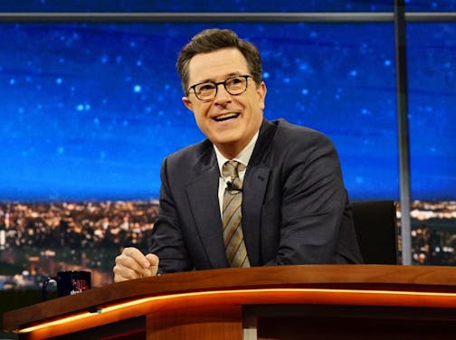 In this March 31, 2017 photo released by CBS, host Stephen Colbert appears on "The Late Show with Stephen Colbert" in New York. Colbert won in the Nielsen company's ratings for the ninth consecutive time last week, his margin of 400,000 viewers the widest lead since the CBS star overtook Fallon with a sharp concentration on politics. Fallon aired a rerun Friday, otherwise the shows were all fresh last week.