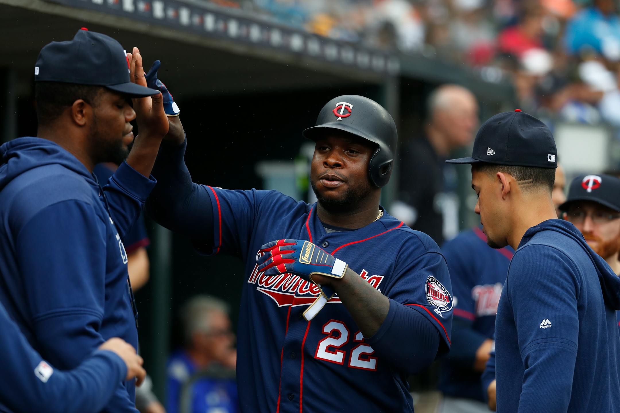 Minnesota Twins' Miguel Sano (22) celebrates his solo home run in the fourth inning of a baseball game against the Detroit Tigers in Detroit, Sunday, June 9, 2019. (AP Photo/Paul Sancya)