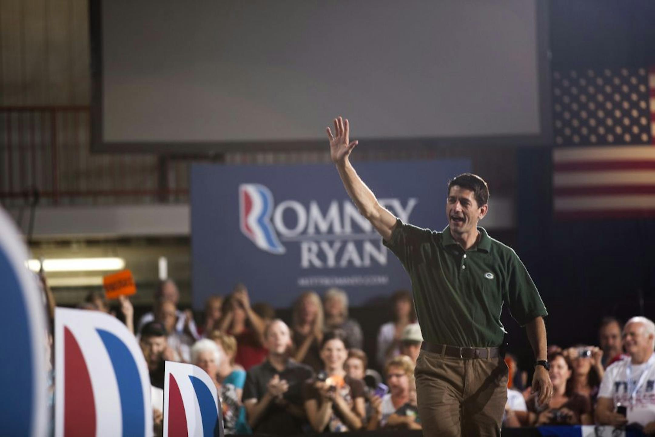 Rep. Paul Ryan (R-Wis.), the Republican vice presidential candidate, greets the crowd before a campaign event in De Pere, Wis., Sept. 12, 2012. Paul Ryan spoke on the attacks in Cairo and Benghazi, Libya, that left the American ambassador to Libya and three others dead before his town hall meeting.