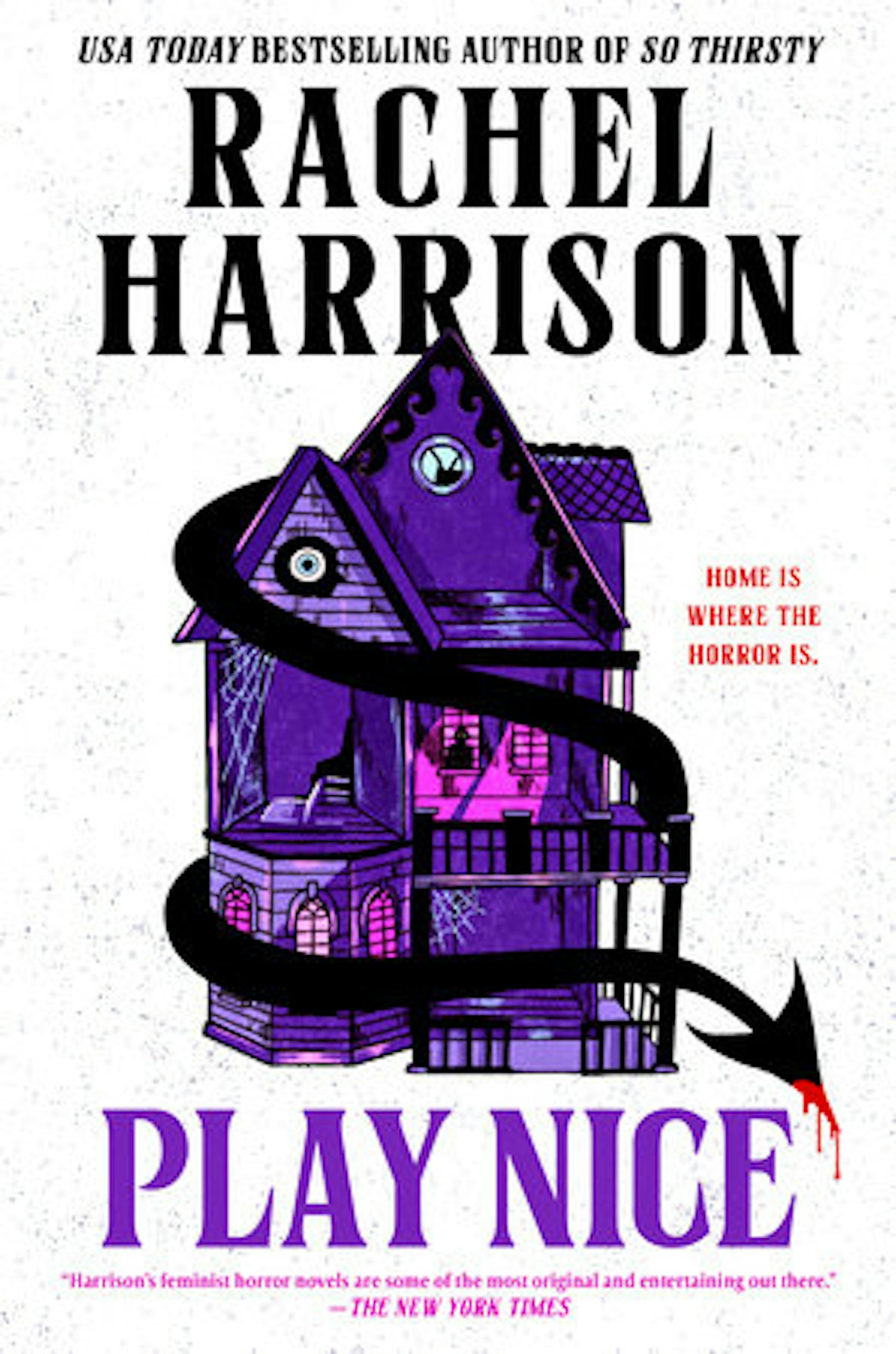 cover of Play Nice features a purple-colored drawing of an old house, with a large snake wrapped around it