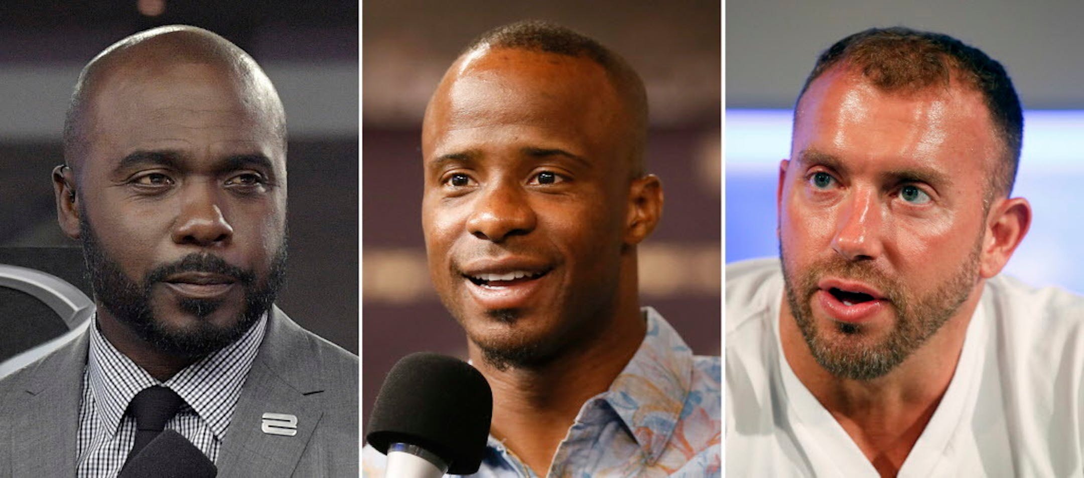 At left, in an Oct. 5, 2017, file photo, Marshall Faulk broadcasts from the field after an NFL football game against the Tampa Bay Buccaneers, in Tampa, Fla. At center, in a Sept. 9, 2015, file photo, NFL Network's Ike Taylor is interviewed during a media availability on set at the NFL Network studios, in Culver City, California. At right in a Sept. 9, 2015, file photo, NFL Network's Heath Evans is interviewed during a media availability on set at the NFL Network studios, in Culver City, Calif.