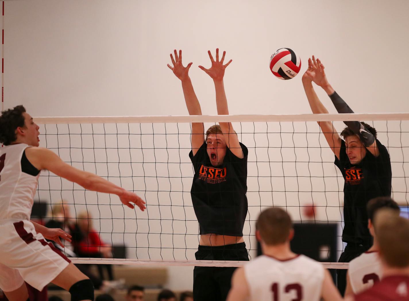 Osseo's Kirby Schmalz and Luke Nelson, right, defended an attack by Lakeville South's Calvin Hertel during a match last year. This year, Andover (7-0) earned the No. 1 seed for the inaugural boys' volleyball state tournament, which will take place Saturday and Sunday at Shakopee High School.