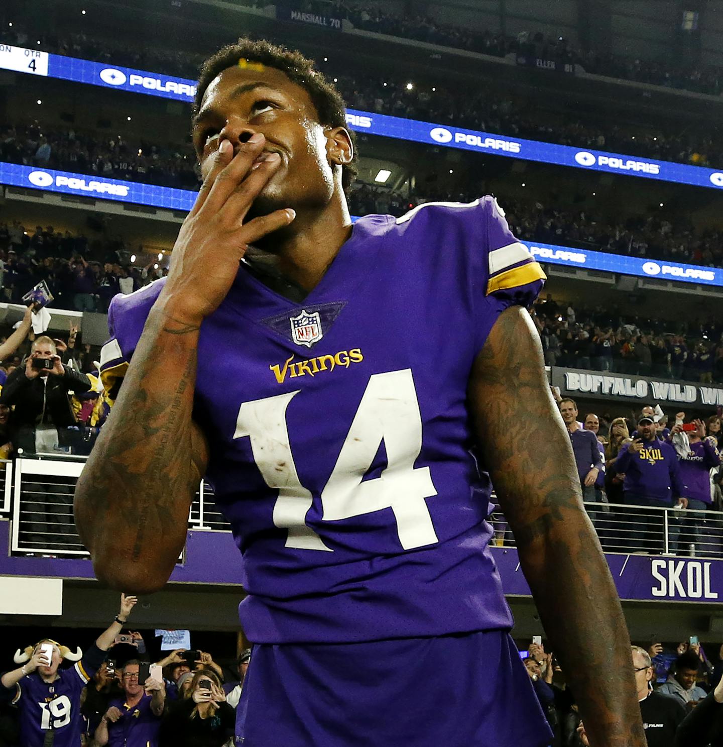 Vikings receiver Stefon Diggs (14) celebrated at the end of the game. Diggs scored a 61-yard touchdown to win the game. Minnesota beat New Orleans by a final score of 29-24. ] CARLOS GONZALEZ &#x2022; cgonzalez@startribune.com - Minneapolis, MN - January 14 2018, US Bank Stadium, NFL, NFC Divisional Playoff, Minnesota Vikings vs. New Orleans Saints ORG XMIT: MIN1801141951353806 ORG XMIT: MIN1801151735204039 ORG XMIT: MIN1912211637360296