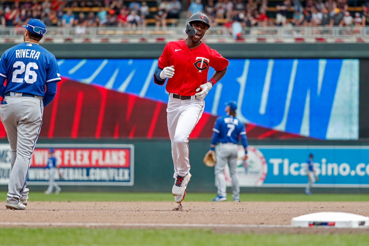 Minnesota Twins' Nick Gordon runs the bases on his solo home run against the Kansas City Royals in the fourth inning of a baseball game Sunday, May 29, 2022, in Minneapolis. (AP Photo/Bruce Kluckhohn)