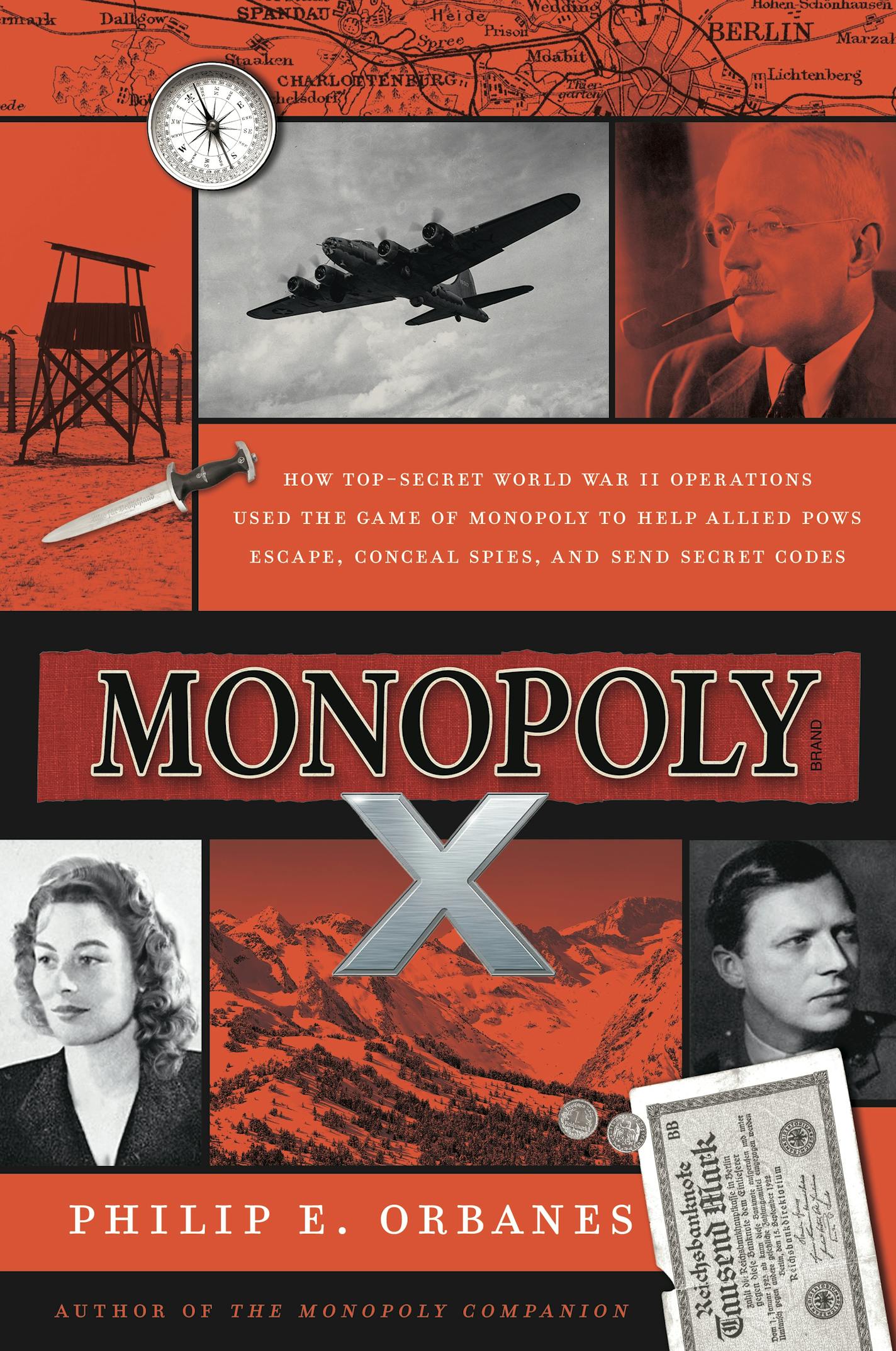 red cover of Monopoly X features imags of WWII spies airplanes, mountains, money ,a knife and a compass