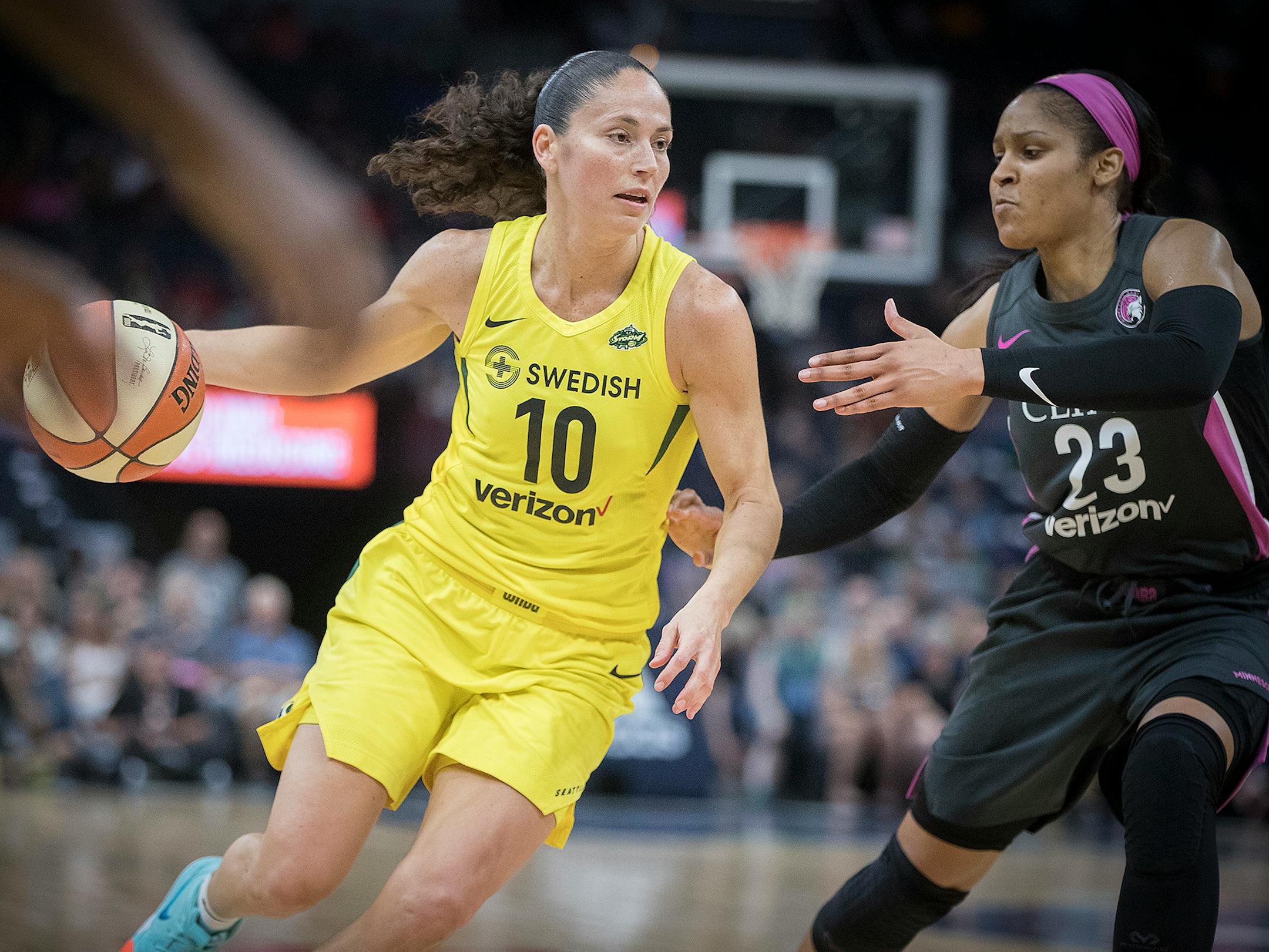 Seattle Storm guard Sue Bird drove past Lynx forward Maya Moore during the second quarter Sunday night.