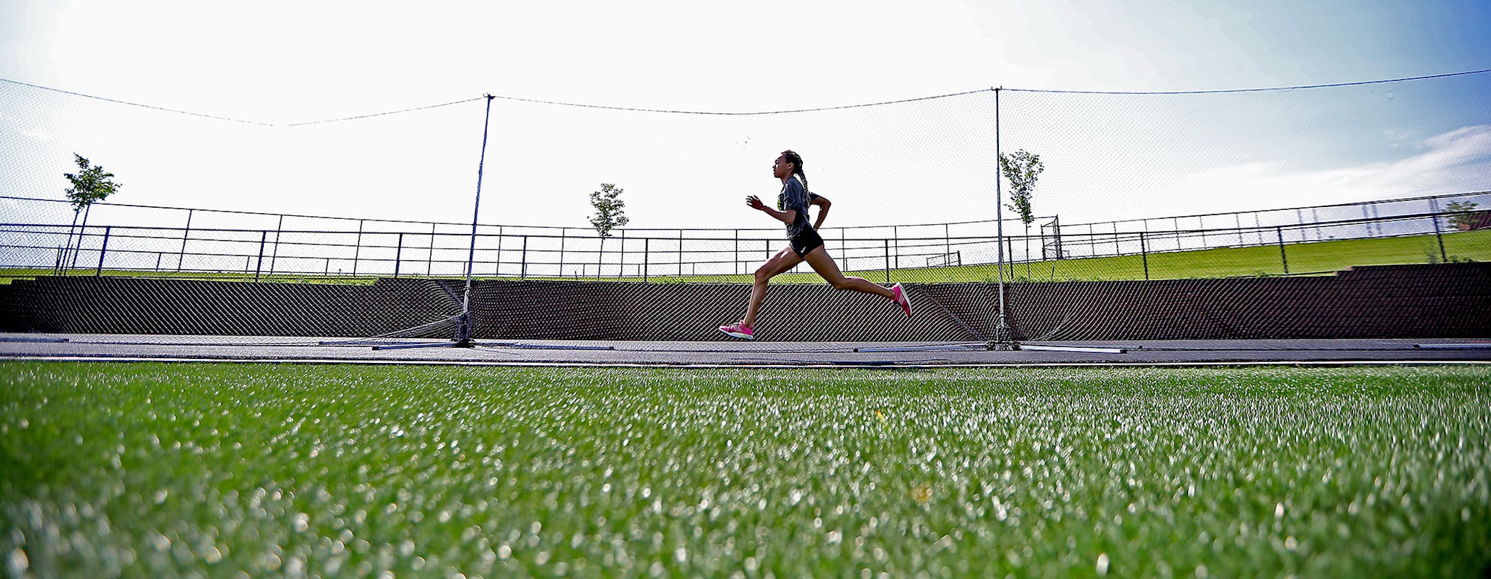 Chanhassen sprinter Jedah Caldwell made her way around the track during a morning workout, Thursday, June 9, 2016 at Chanhassen High School in Chanhassen, MN. ] (ELIZABETH FLORES/STAR TRIBUNE) ELIZABETH FLORES • eflores@startribune.com