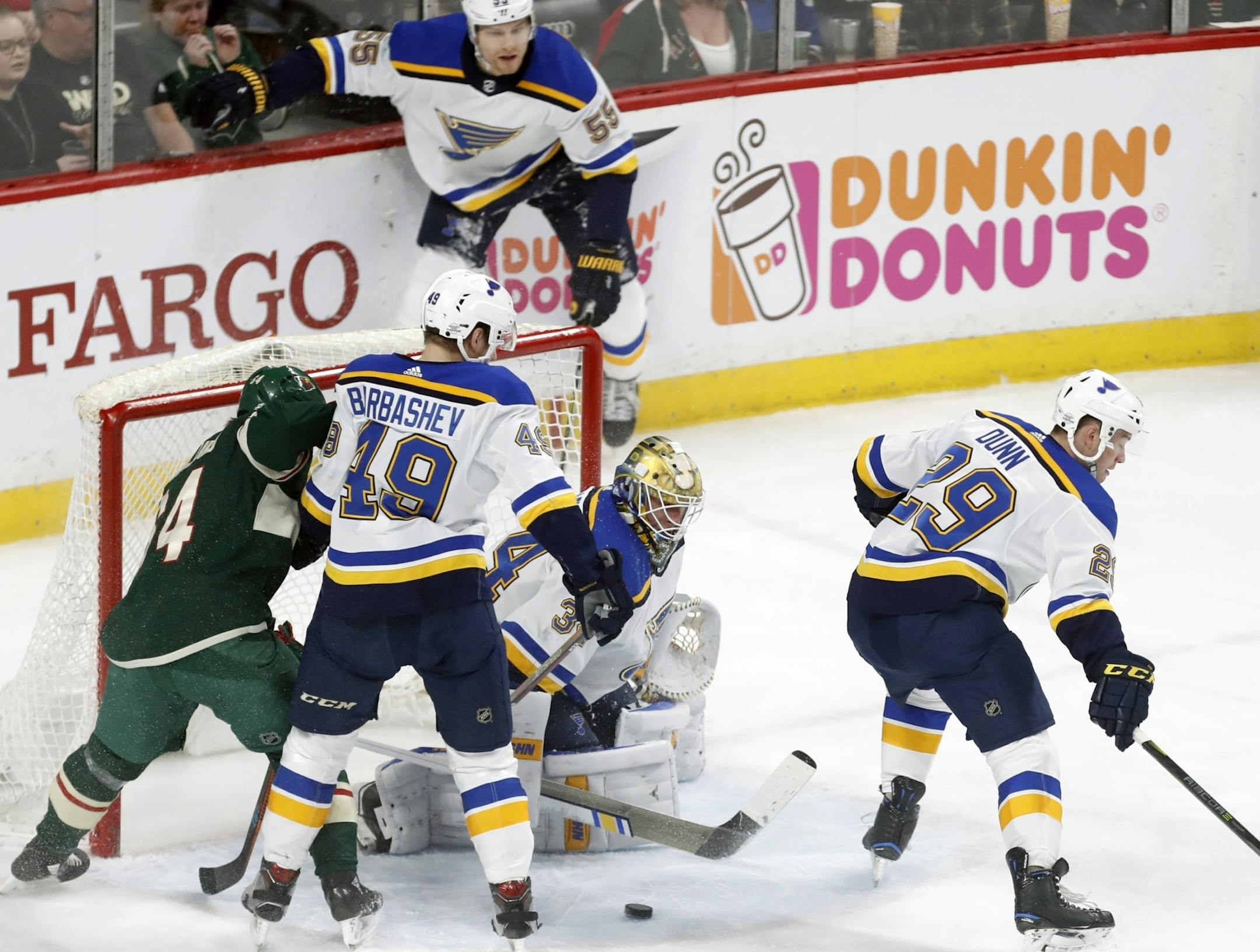 Goalie Jake Allen(34) allows the second goal of the game .