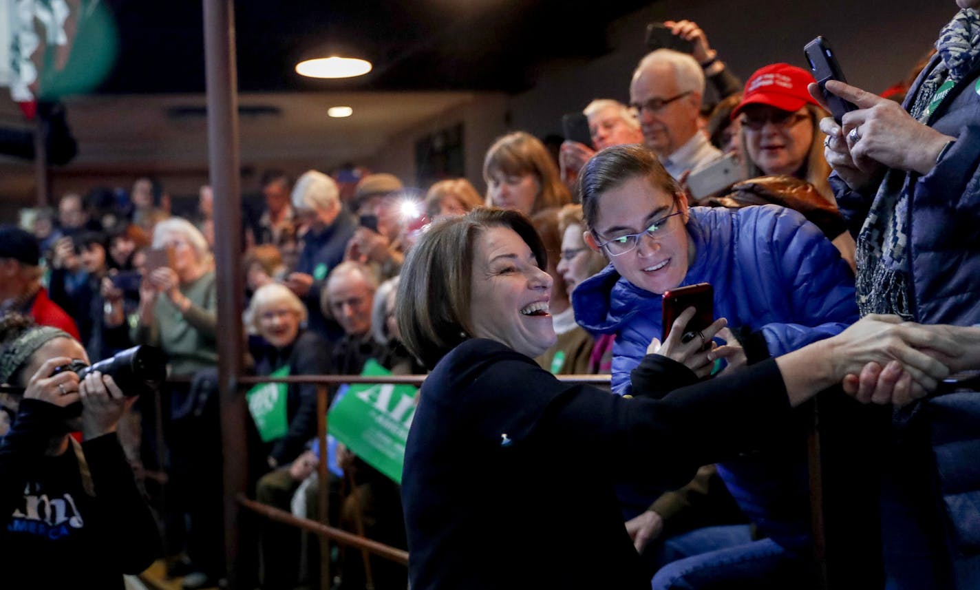 Democratic presidential candidate Sen. Amy Klobuchar, D-Minn., arrives at a rally at the State Theatre, Friday, Feb. 28, 2020, in Falls Church, Va. (AP Photo/Andrew Harnik)