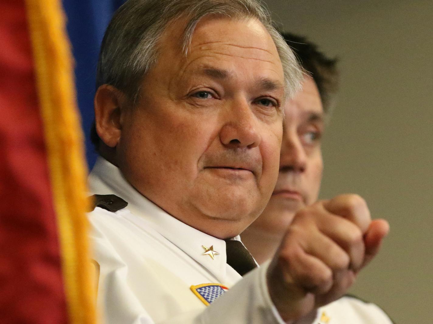 Carver County Sheriff Jim Olson, at podium, listens to a question from a media members during a press conference on circumstances surrounding the death of music icon Prince Rogers Nelson on Thursday at the Carver County Justice Center Friday, April 22, 2016, in Chaska, MN. No new details were given during the press conference. Next to Olson is Jason Kamerud, chief deputy Carver County Sheriff's office.](DAVID JOLES/STARTRIBUNE)djoles@startribune.com press conference on circumstances surrounding