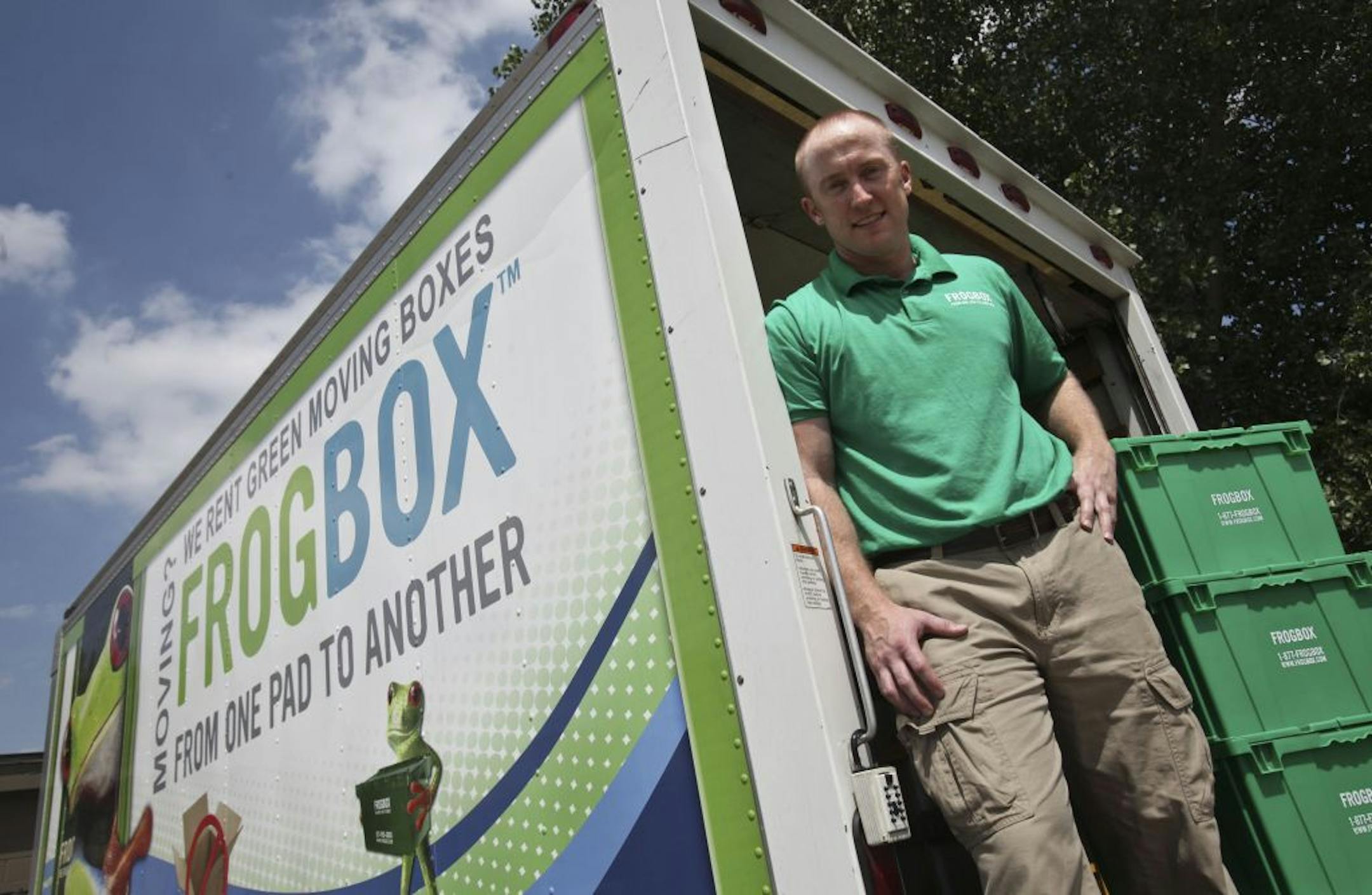 Ben Cowan is local entrepreneur brought his company Frogbox to the Twin Cities. The company provides an alternative to cardboard with these boxes while making it more convenient by dropping them off and picking them up after. This was shot in Minneapolis , Minn., Friday, July 22, 2011.