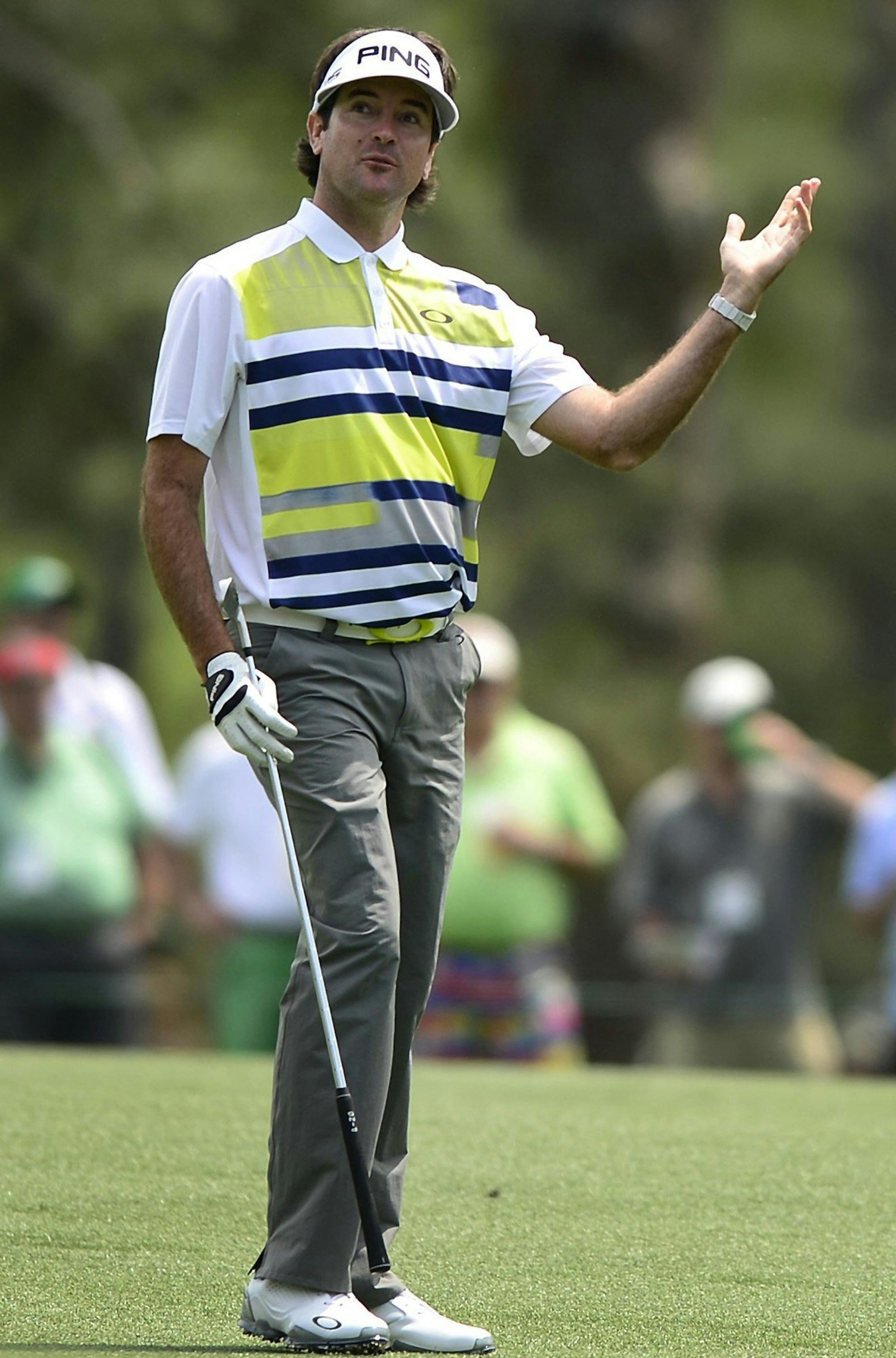 Bubba Watson reacts to his second shot from the 15th fairway in the second round at the Masters Tournament in August, Ga., on Friday, April 11, 2014. (Jeff Siner/Charlotte Observer/MCT) ORG XMIT: 1151603