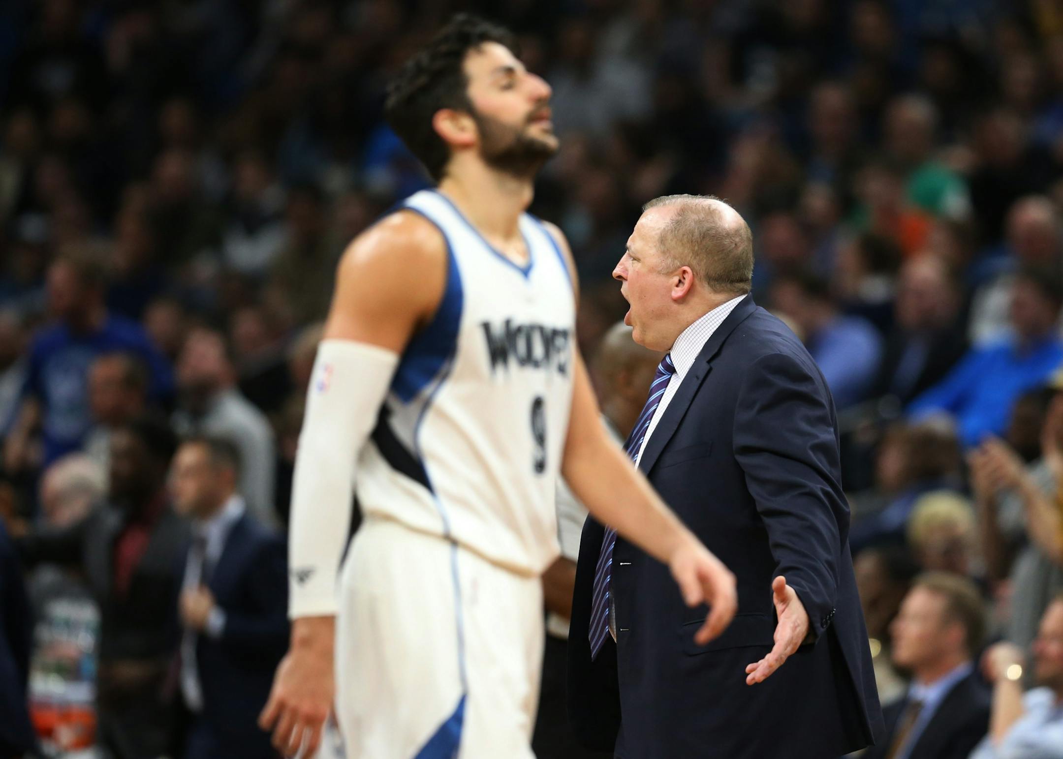 Minnesota Timberwolves head coach Tom Thibodeau wanted a fouled called as guard Ricky Rubio walked off the court against Oklahoma City in the home finale.