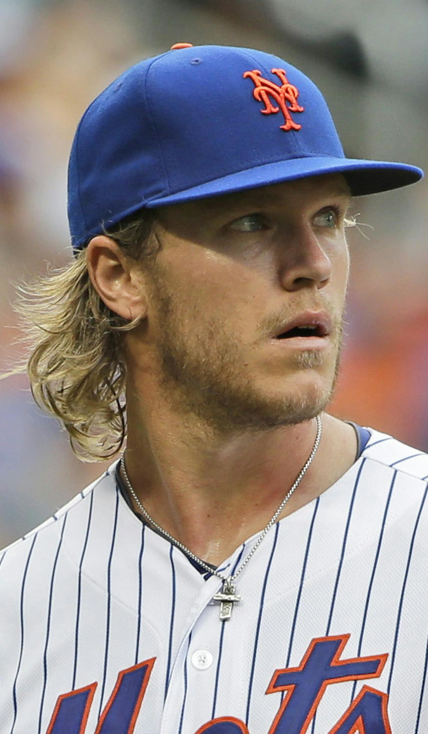 New York Mets starting pitcher Noah Syndergaard during the sixth inning of the baseball game against the Milwaukee Brewers at Citi Field, Sunday, May 17, 2015 in New York. (AP Photo/Seth Wenig) ORG XMIT: MIN2015061919115685