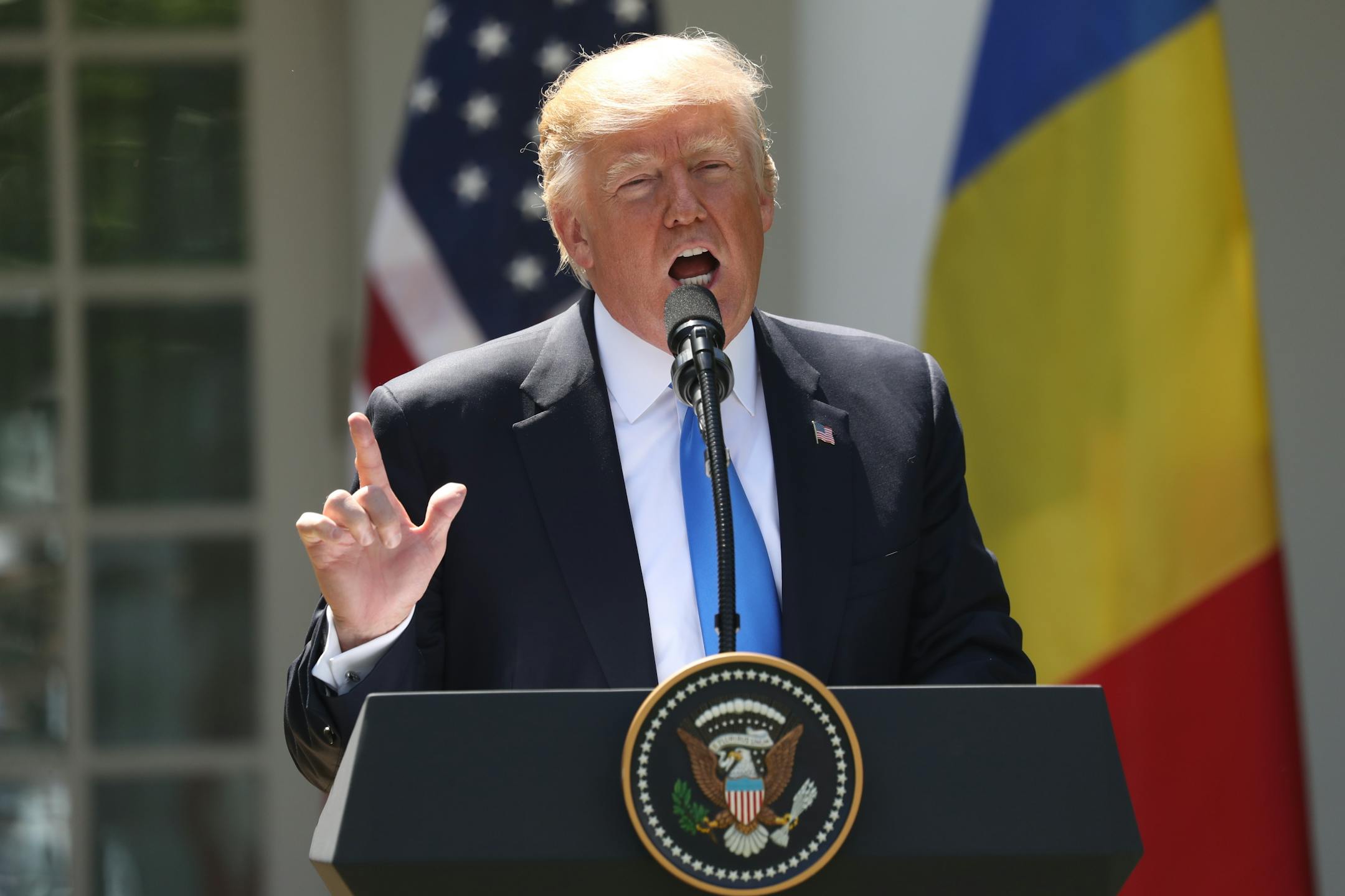 President Donald Trump speaks during a news conference with Romanian President Klaus Werner Iohannis, in the Rose Garden at the White House, Friday, June 9, 2017, in Washington. Donald Trump is trying to change the subject from scandal back to his promise to make American job creation a top priority. �We want to get back to running our great country,� Trump said Friday at a White House news conference. (AP Photo/Andrew Harnik)