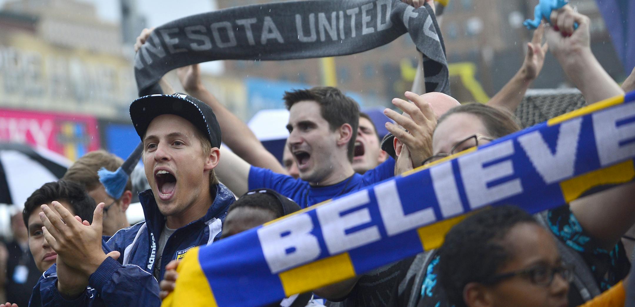 Minnesota United FC fans celebrated the franchise's move to the MLS during an announcement event Friday at CHS Field in St. Paul. ] (AARON LAVINSKY/STAR TRIBUNE) aaron.lavinsky@startribune.com Major League Soccer Commissioner Don Garber, Minnesota United majority owner Dr. William McGuire, Minnesota Governor Mark Dayton and St. Paul Mayor Chris Coleman took part in an event announcing Minnesota United FC's move to the MLS Friday, August 19, 2016 at CHS Field in St. Paul, Minn. ORG XMIT: MIN16081