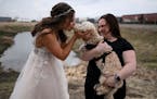 Bride Kelsey Goth gives her 1-year old Cockapoo Winston a kiss on the mouth as she's held by professional pet attendant Maggie Van Remortel before Got