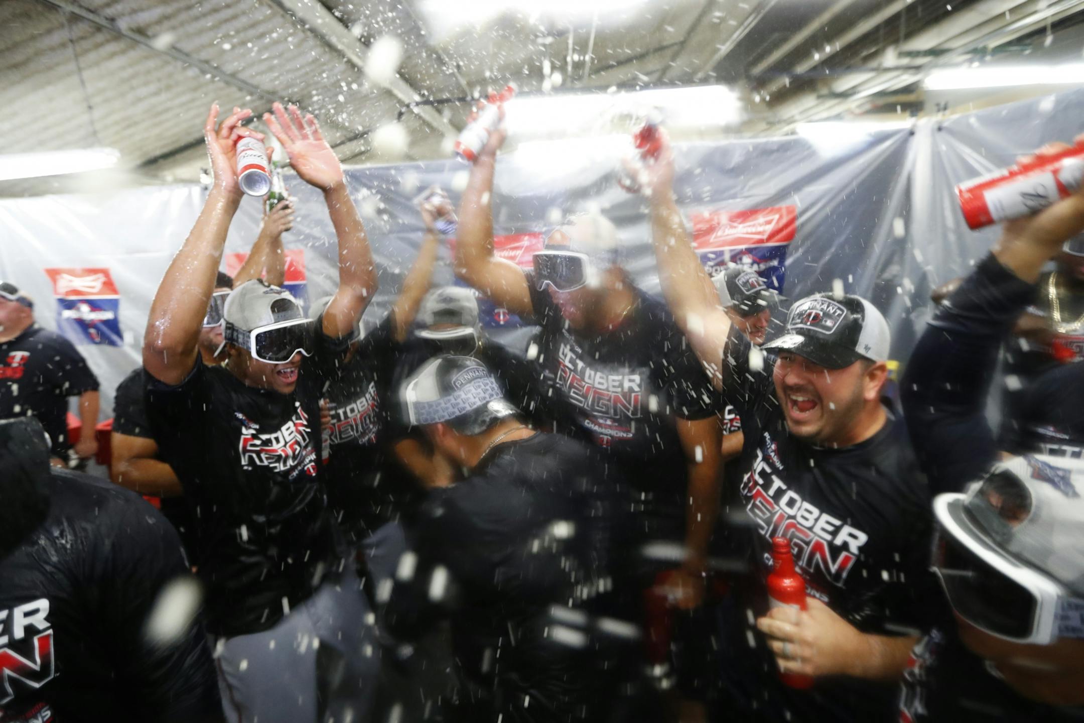 Minnesota Twins celebrate after the Twins clinched the AL Central, Wednesday, Sept. 25, 2019, in Detroit. The Twins defeated the Detroit Tigers 5-1, and later clinched when the Cleveland Indians lost to the Chicago White Sox.