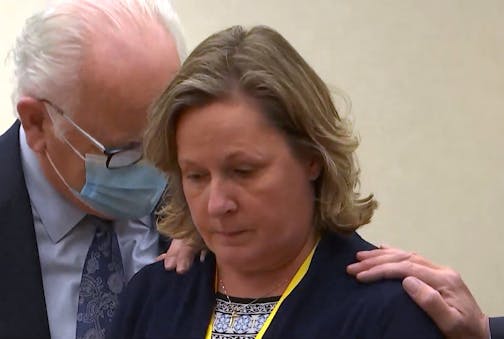 In this screen grab from video, former Brooklyn Center Police Officer Kim Potter stands with defense attorney Earl Gray, as the verdict is read Thursday, Dec.,23, 2021 at the Hennepin County Courthouse in Minneapolis, Minn. Jurors on Thursday convicted Potter of two manslaughter charges in the killing of Daunte Wright, a Black motorist she shot during a traffic stop after she said she confused her gun for her Taser.(Court TV via AP)