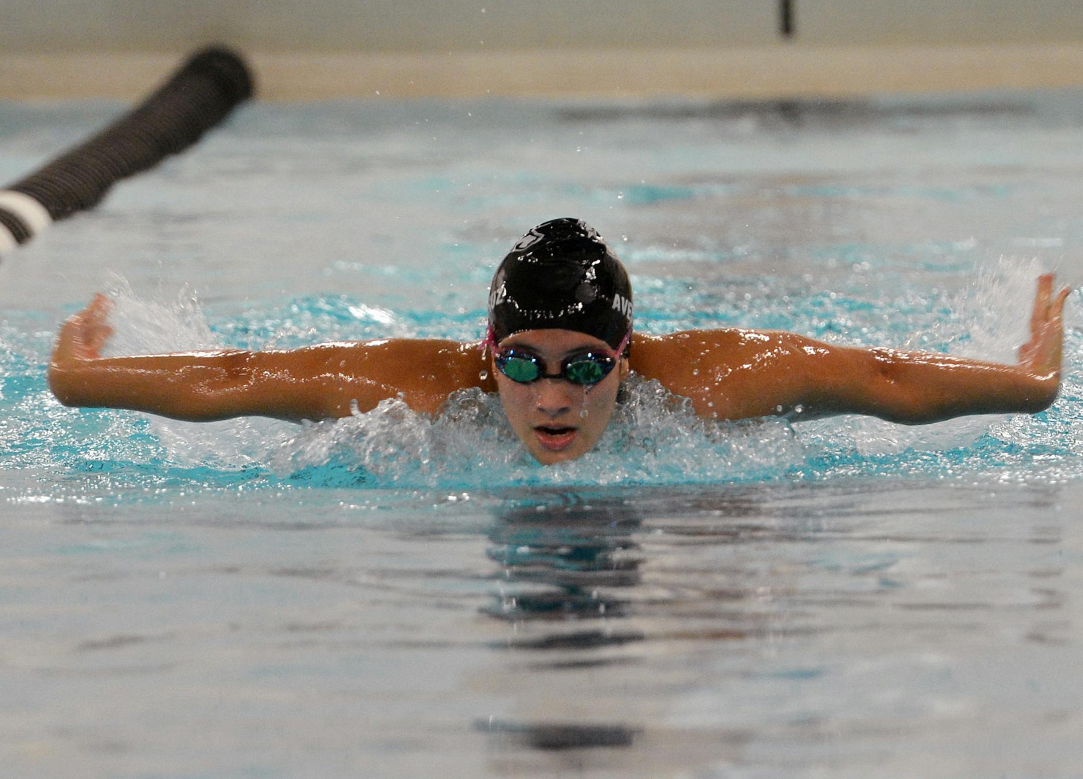 Zoe Avestruz practices one of her specialties, the 100 butterfly, during practice Friday, September 13 at Chaska Middle School. ] (SPECIAL TO THE STAR TRIBUNE/BRE McGEE) **Zoe Avestruz