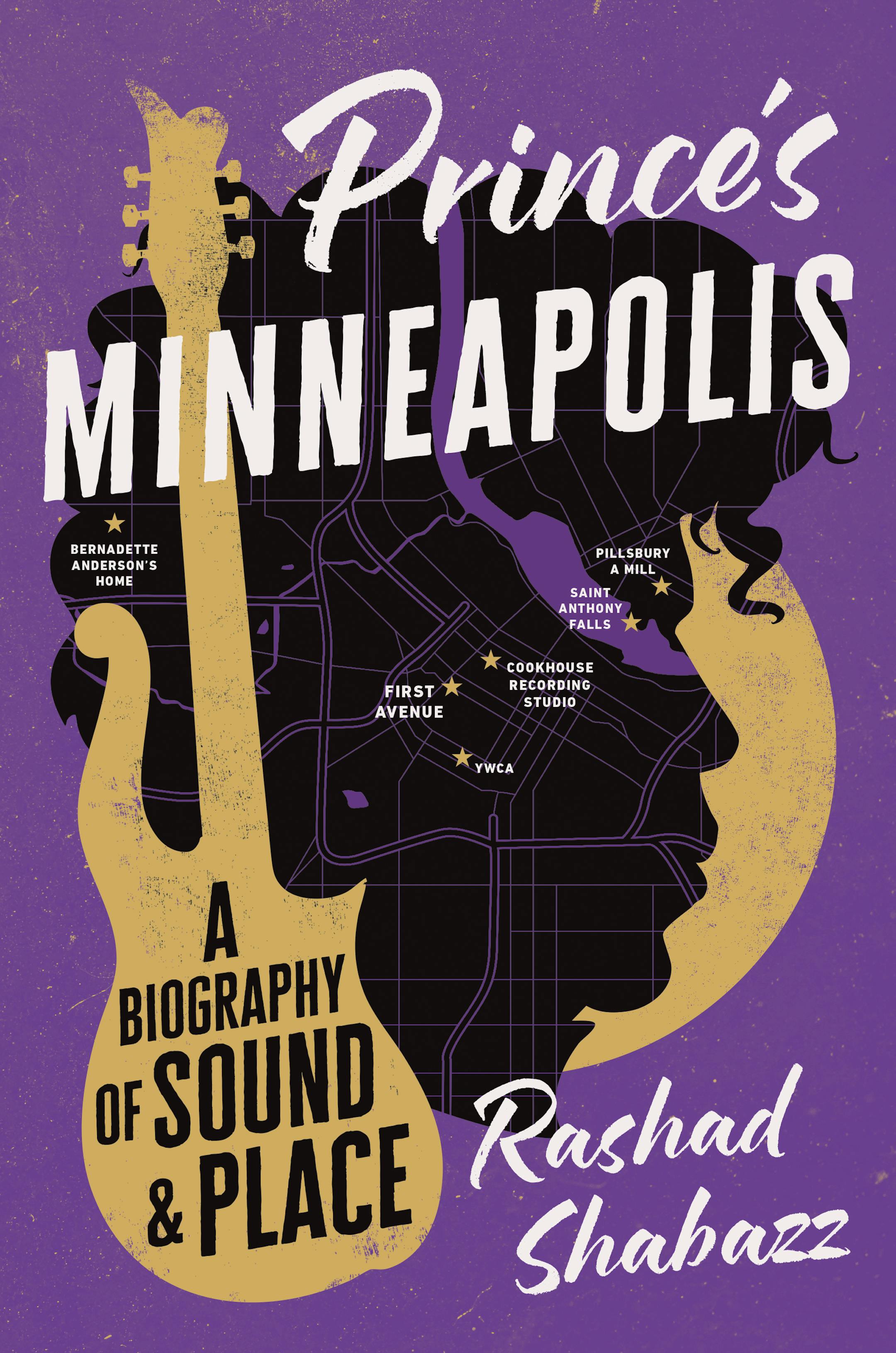 purple cover of Prince's Minneapolis features the artist's face in silhouette and a map of the city
