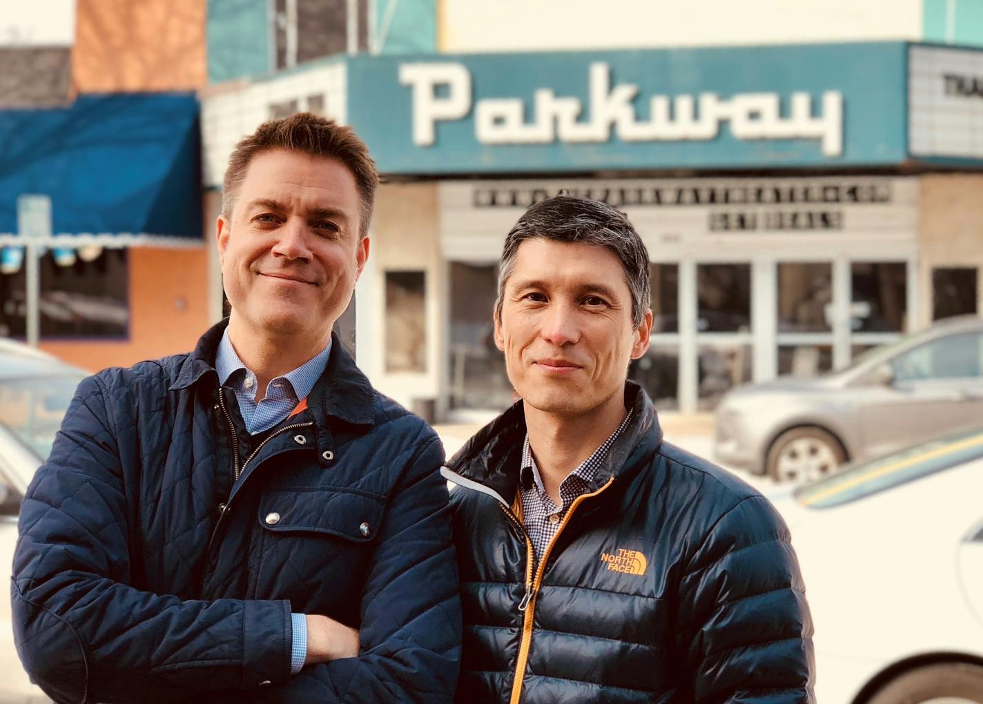 Eddie Landenberger, right, and Ward Johnson, left, are throwing a party nearly every night at the Parkway Theater where classic movies, live music and podcasts and other new offerings are driving growth at the 88-year-old south Minneapolis venue.