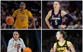 Clockwise from top left: Southern California's JuJu Watkins, Connecticut's Paige Bueckers, Iowa's Caitlin Clark and South Carolina's Tessa Johnson.