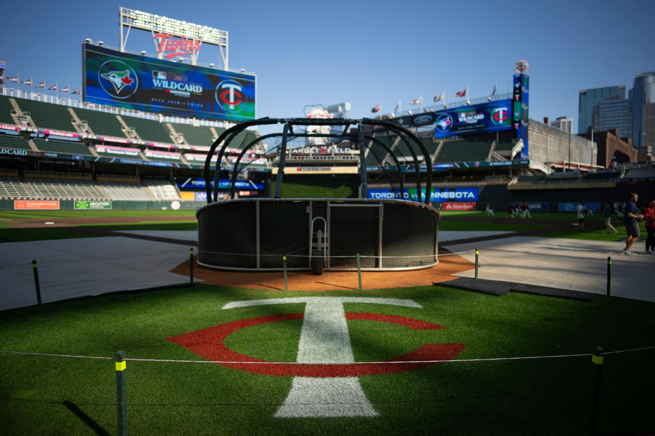 Target Field is prepped for the Wild Card Series that begins Tuesday. The Minnesota Twins worked out at Target Field in Minneapolis Monday, October 2, 2023, the day before they face the Toronto Blue Jays in an American League Wild Card Playoff Series.