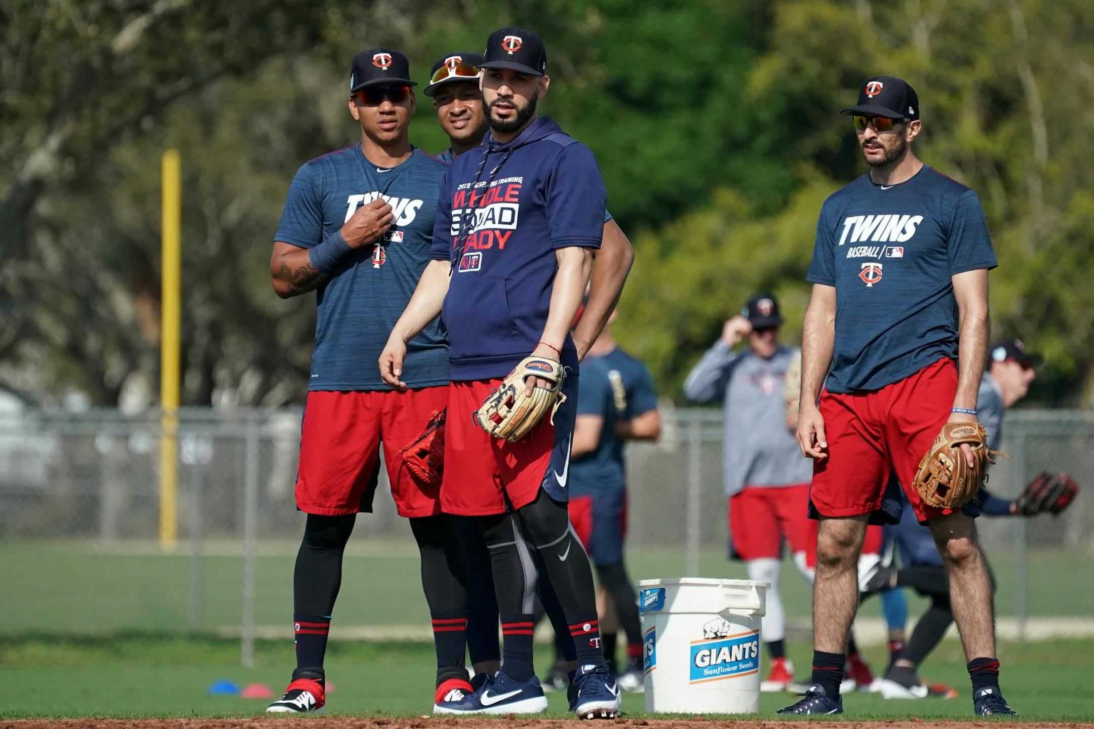 Newly acquired Minnesota Twins utility player Marwin Gonzalez (9) joined his teammates on the practice field for workouts Monday morning.
