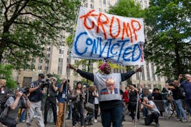 People celebrate after former President Donald Trump was found guilty on all counts at Manhattan Criminal Court on Thursday, May 30, 2024, in New York