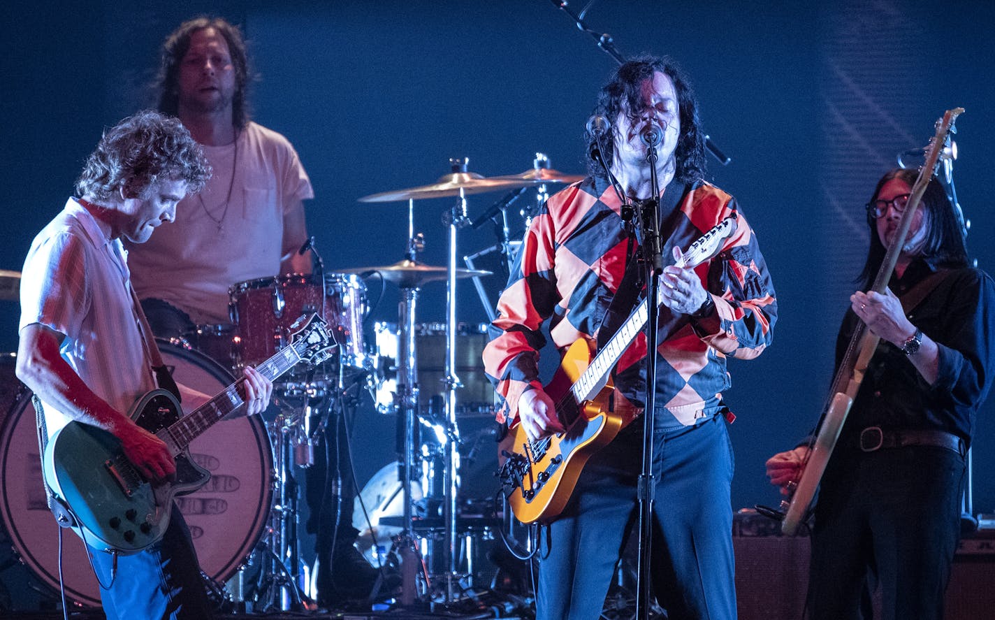 Brendan Benson, Patrick Keeler, Jack White and Jack Lawrence of the Raconteurs performed at the Armory. ] CARLOS GONZALEZ &#x2022; cgonzalez@startribune.com &#x2013; Minneapolis, MN &#x2013; July 15, 2019, The Armory, Raconteurs at the Armory, led by Jack White of White Stripes fame with his old Detroit buddy Brendan Benson