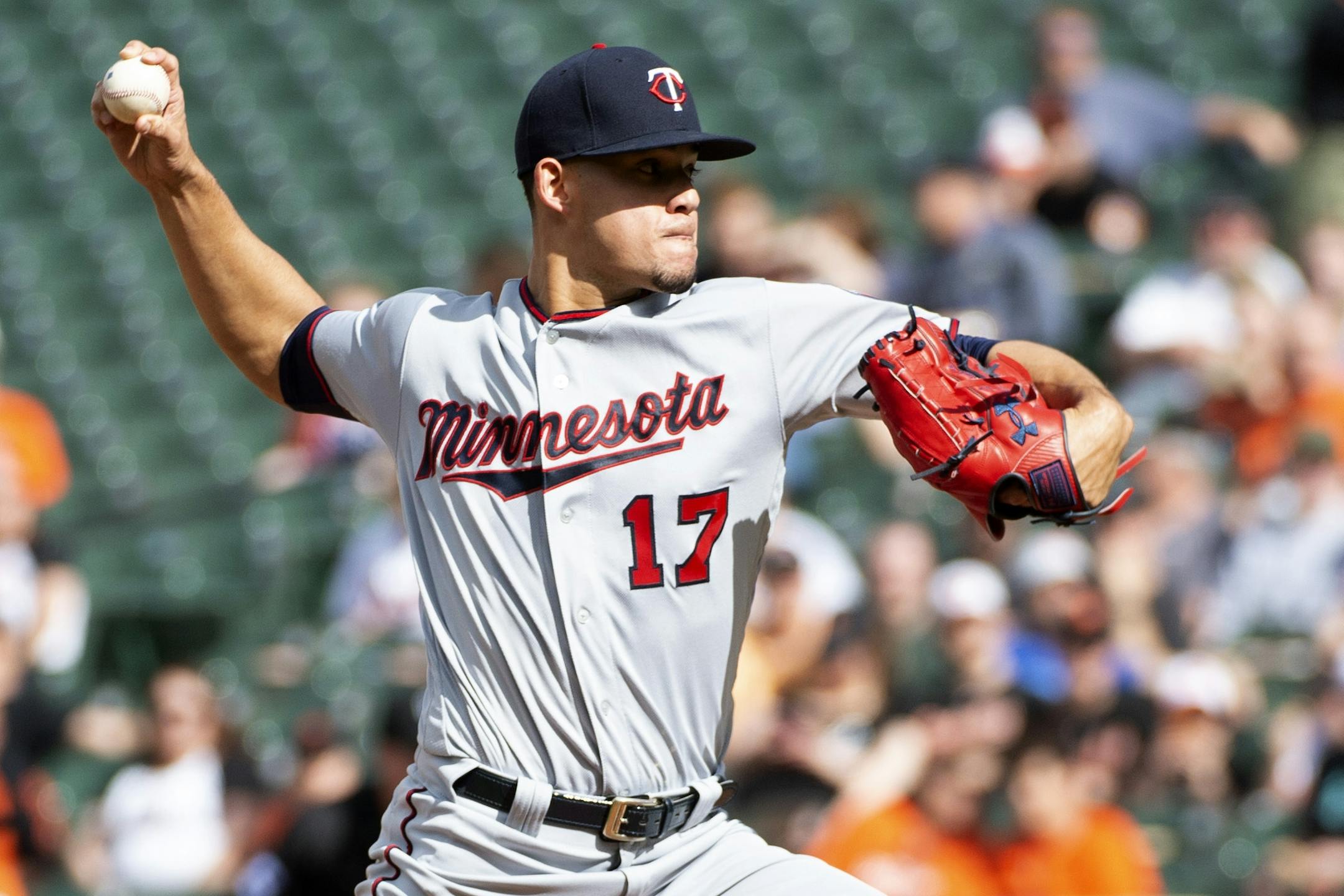 Minnesota Twins starting pitcher Jose Berrios (17) throws in the first inning of a baseball game against the Baltimore Orioles, Saturday, April 20, 2019, in Baltimore.