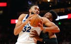 Timberwolves center Karl-Anthony Towns filled up the stat sheet with 28 points, 13 rebounds and eight assists against the Hawks on Monday. He scored 1