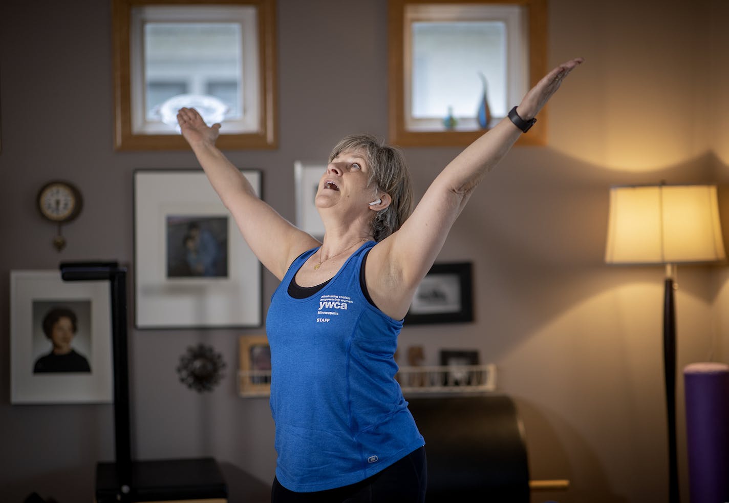 YWCA group fitness coordinator Kelli Klein participated in a virtual fundraiser by teaching a fitness class from her home living room, Wednesday, April 29, 2020 in Minneapolis, MN. ] ELIZABETH FLORES &#x2022; liz.flores@startribune.com