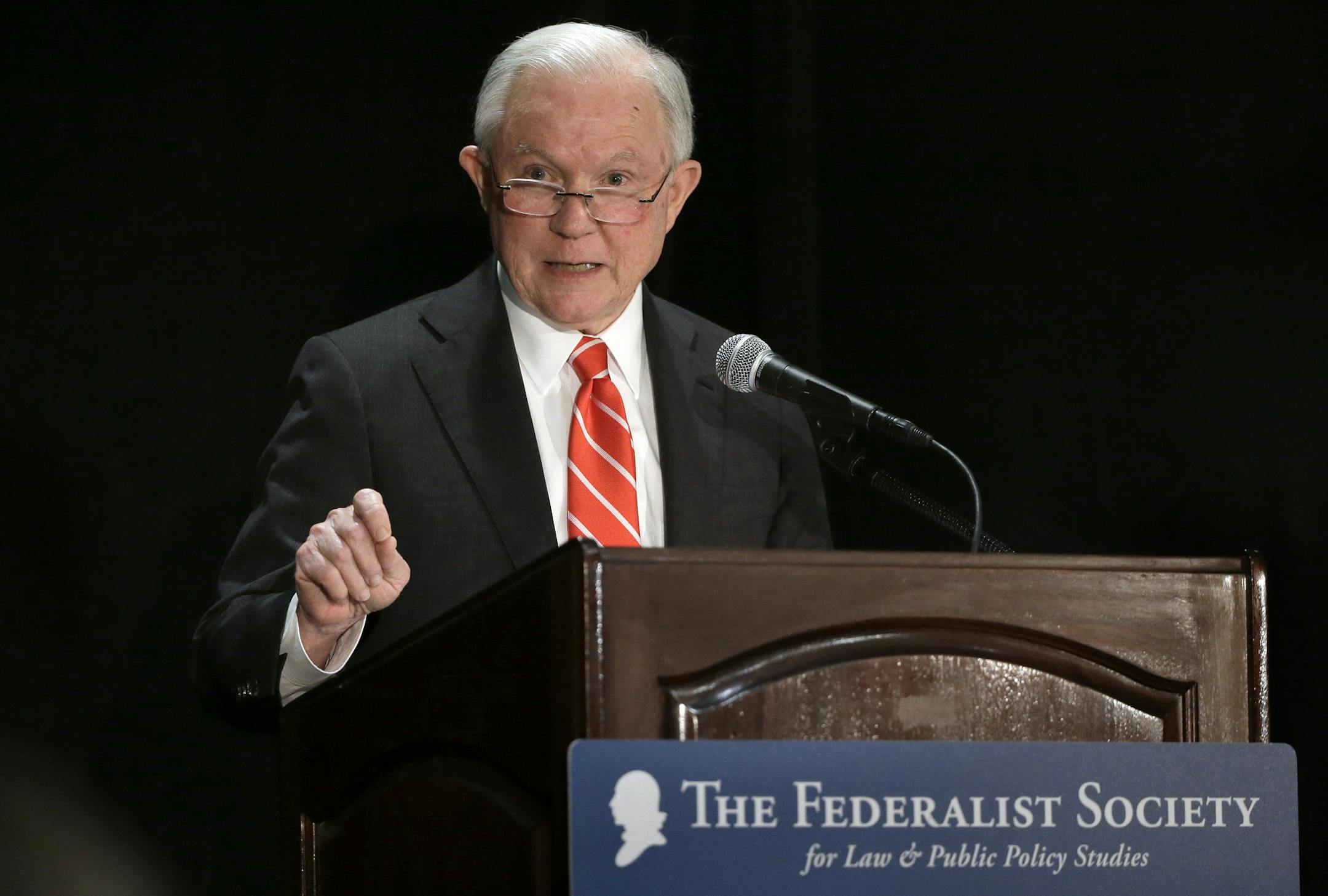 Attorney General Jeff Sessions speaks at a luncheon event organized by the Boston Lawyers Chapter of the Federalist Society, Monday, Oct. 29, 2018, at a hotel in Boston. Sessions spoke about religious liberty during remarks. (AP Photo/Steven Senne)