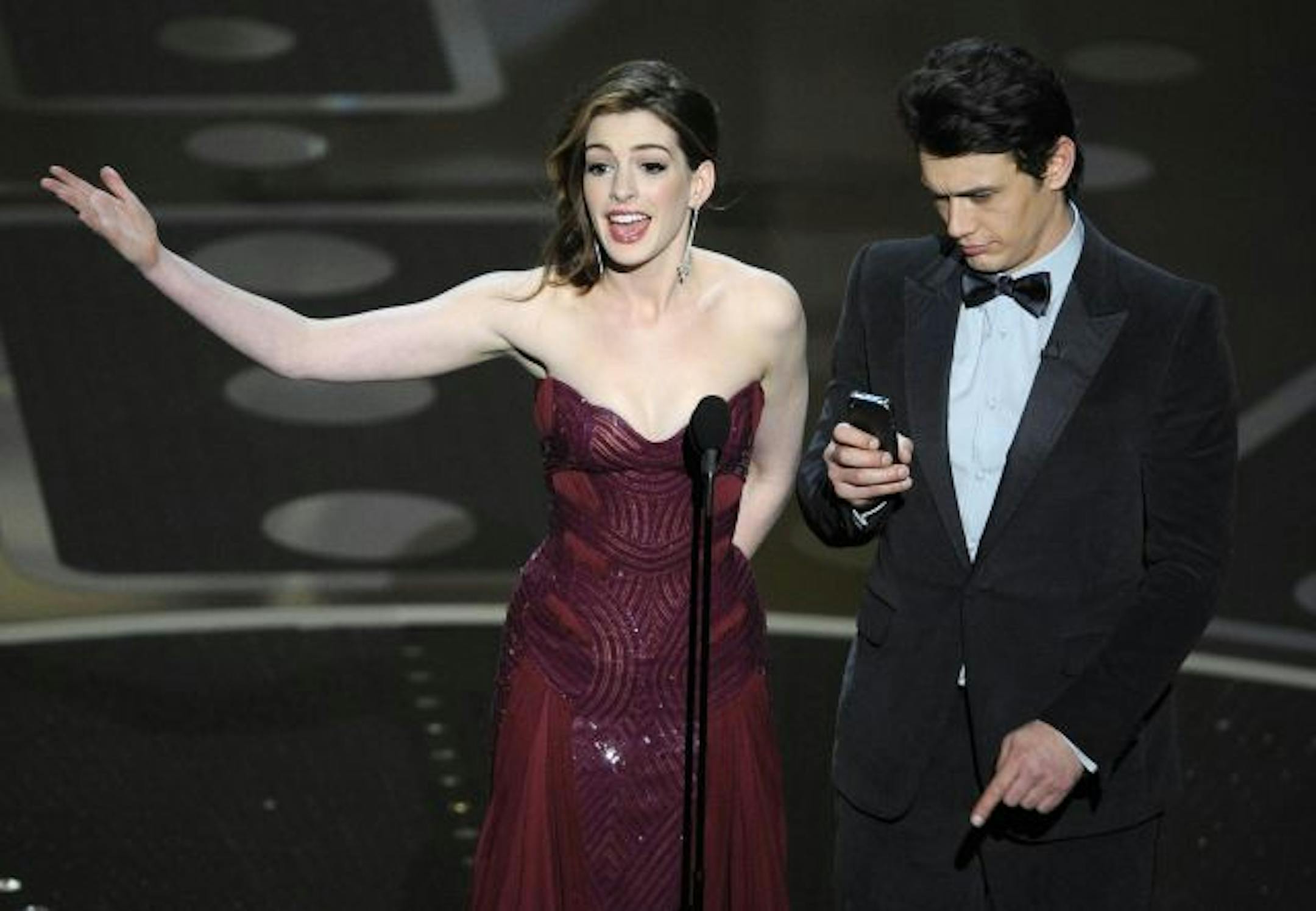Academy Awards show hosts Anne Hathaway and James Franco.