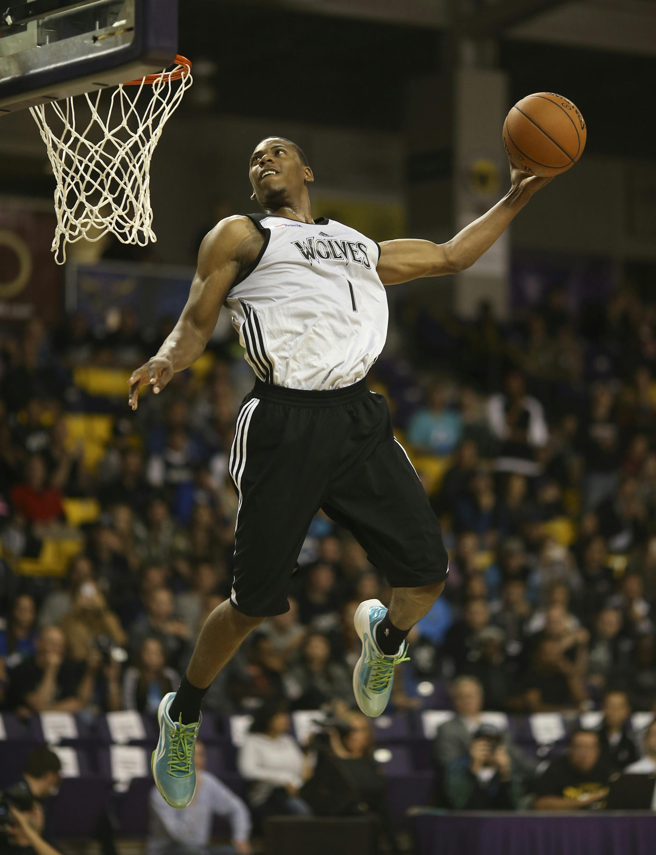 Rookie Glenn Robinson III prepared to dunk at the end of the practice early Tuesday morning at Bresnan Arena in Taylor Center in Mankato. ] JEFF WHEELER ‚Ä¢ jeff.wheeler@startribune.com The Minnesota Timberwolves kicked off their training camp with their first Dunks After Dark event beginning at Midnight Monday night, September 29, 2014at Bresnan Arena in Taylor Center on the campus of Minnesota State University, Mankato.