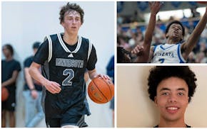 Clockwise from left, Delano's Max Iversen (North Dakota State), Wayzata's Christian Wiggins (Iowa State) and East Ridge's Cedric Tomes (Minnesota) are